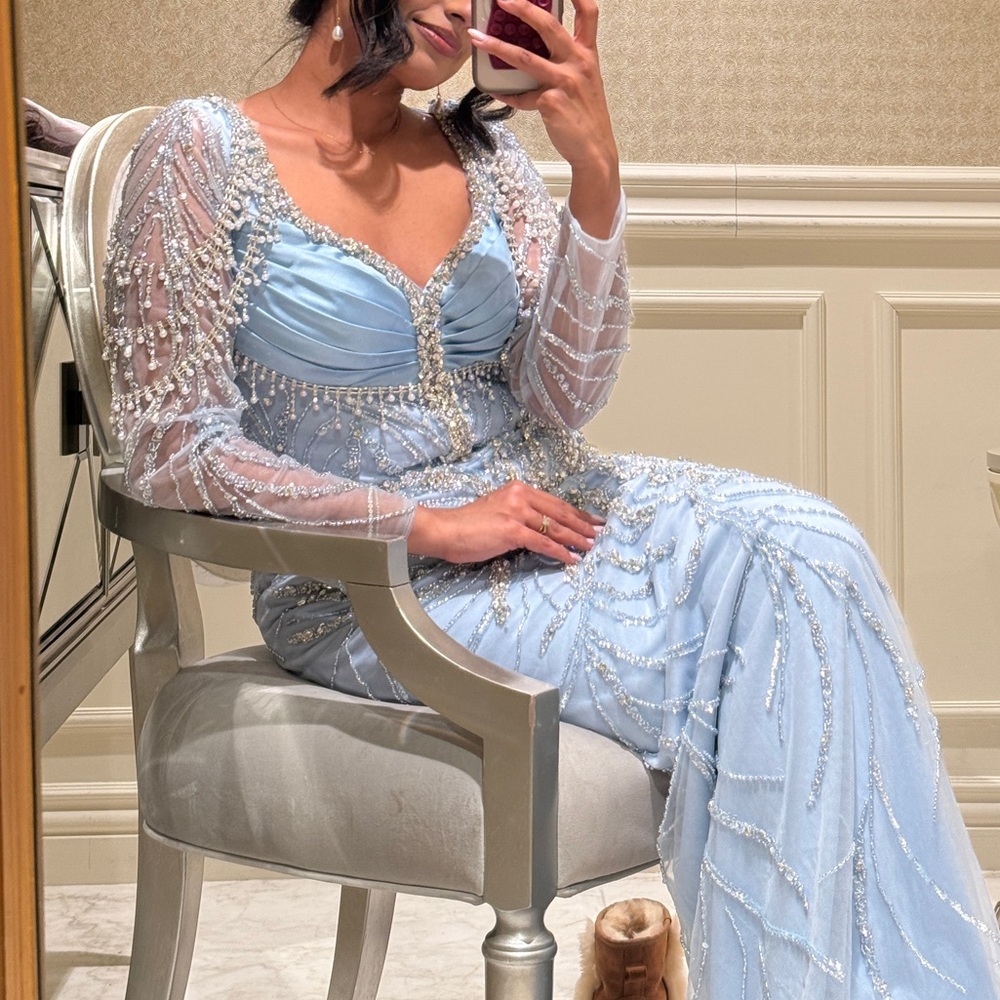 Stunning Light Blue Beaded Long Sleeve Dress